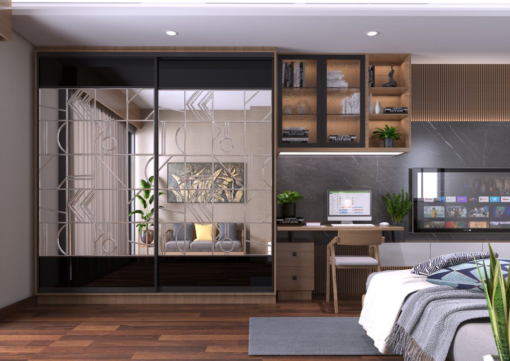 2 Doors Textured mirror wardrobe