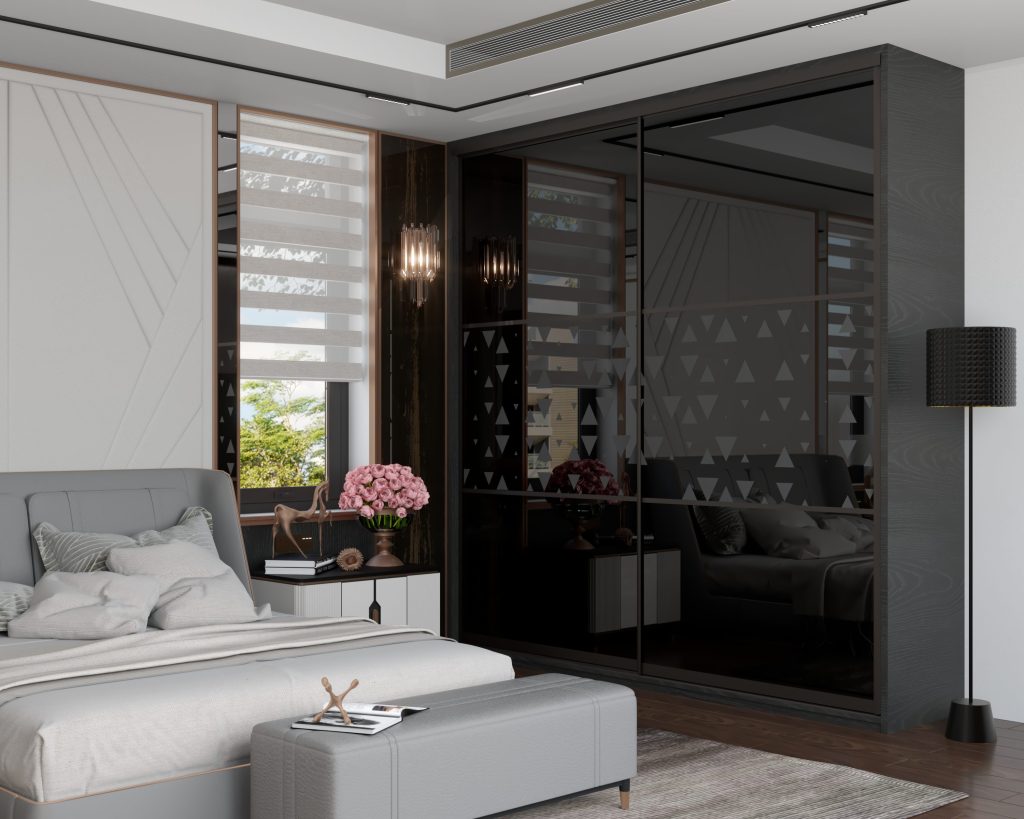 2 Doors elegant black glass wardrobe with patterns